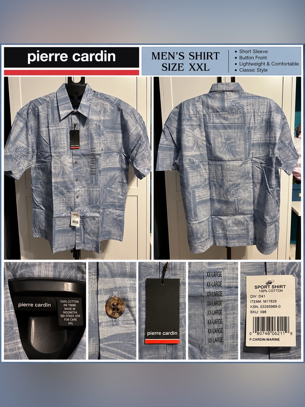 Pierre Cardin Men's Hawaiian Sport Shirt Blue Cotton XXL NWT
